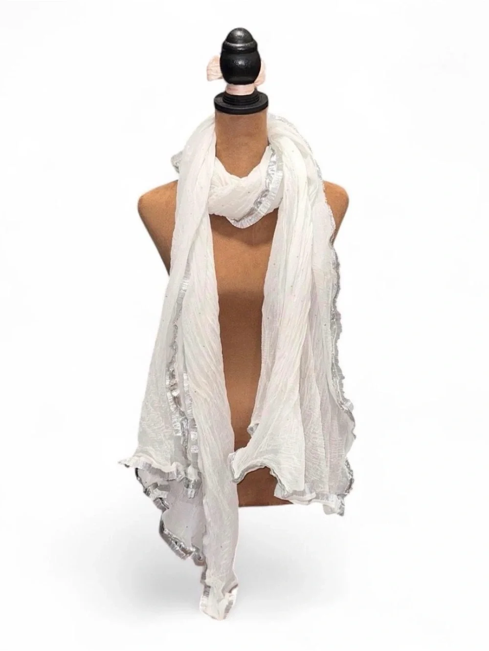 Elegant White Crinkle Scarf with Silver Trim
